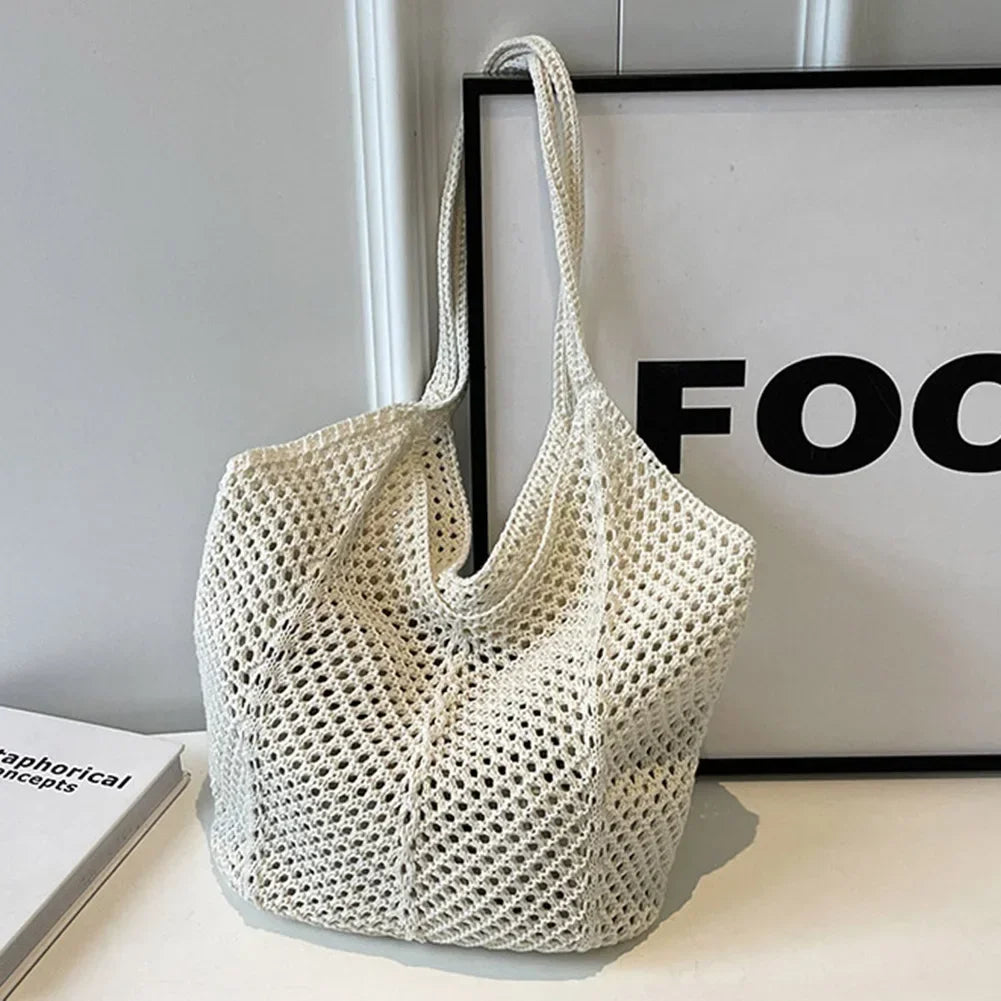 Fashionable Women’s Open-Weave Shoulder Bag | Large Capacity Knitted Underarm Bag | Minimalist Crochet Handbag | Summer Mesh Beach Bag for Vacation & Leisure Luxegan
