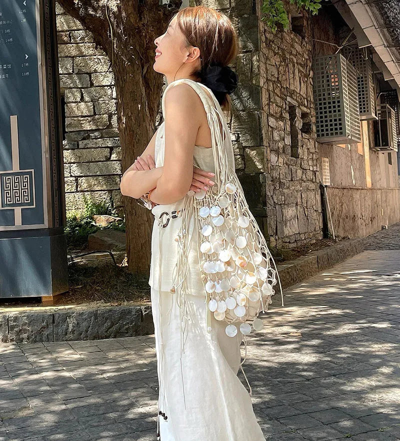 Handmade Woven Shell Bucket Bag | Sophisticated "Wooden Handle" Silhouette | Elegant Embroidery Tassel Handbag | "Dignified" High-Performance Cotton Essential for Radiant Versatile Styling Luxegan