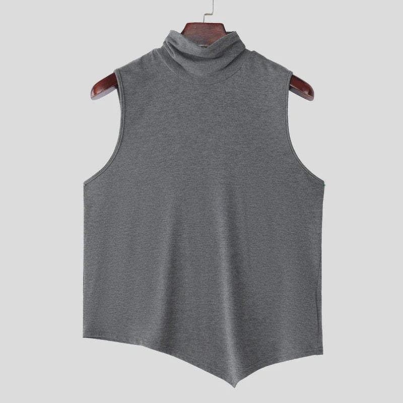 Men’s High Neck Irregular Hem Vest | Sophisticated "Simple Style" Tank Top Silhouette | Elegant Solid All-Match Handsome Top | "Dignified" High-Performance Spring and Summer Vest for Radiant Versatile Styling Luxegan