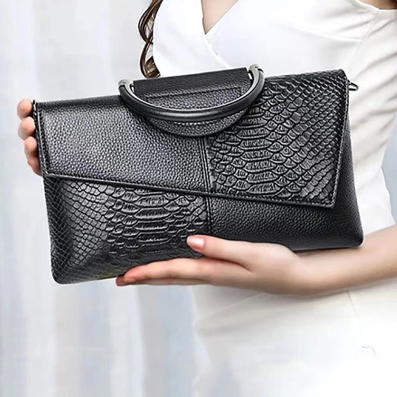 Women's Black PU Leather Shoulder Bag | Stone Print Chain Crossbody & Clutch Luxegan