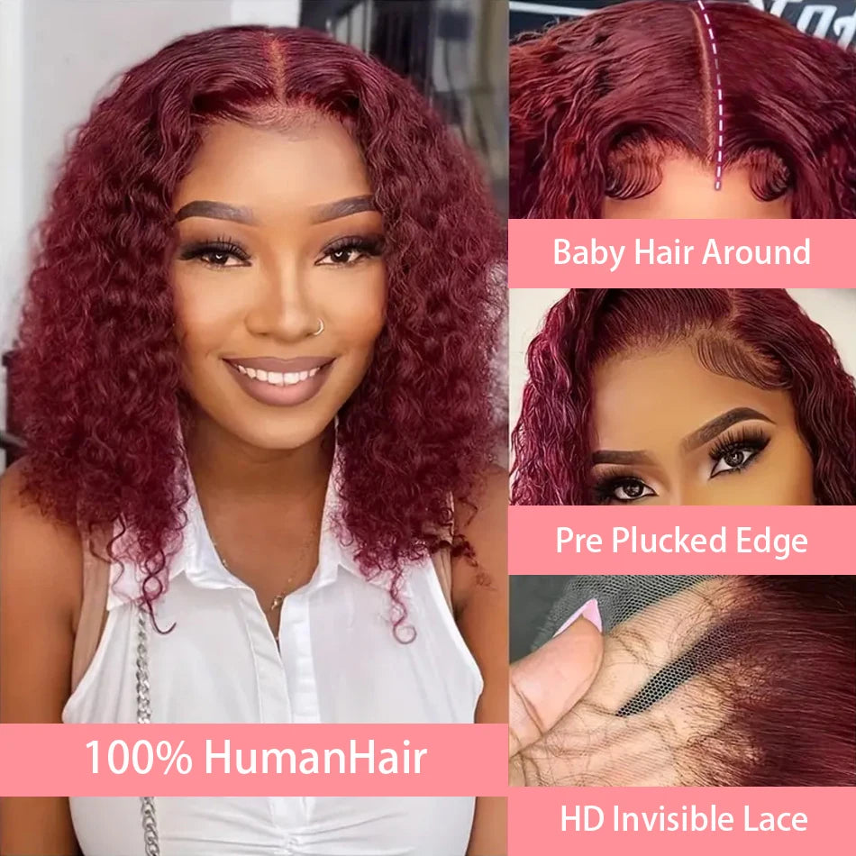 Burgundy 99J Deep Wave Short Bob Wig - 13x4 Transparent Lace Frontal Human Hair Wig - 200% Density Red Colored Water Wave Remy Human Hair Wig for Women (4-16 Inch) Luxegan