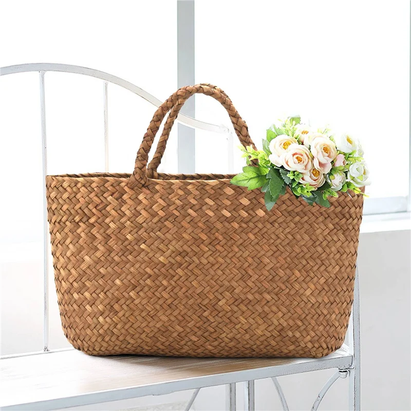 Casual Straw Woven Handbag | Natural Wicker Square Tote Bag | Handmade Mini Rattan Shoulder Bag | Artisan Braided Summer Garden Purse for Women Luxegan