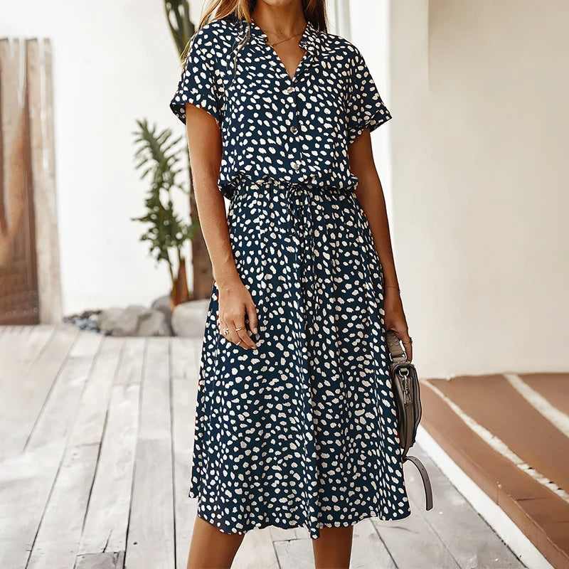 Polka Dot Short Sleeve A-Line Dress – Button Front, Knee-Length, Summer Casual Luxegan