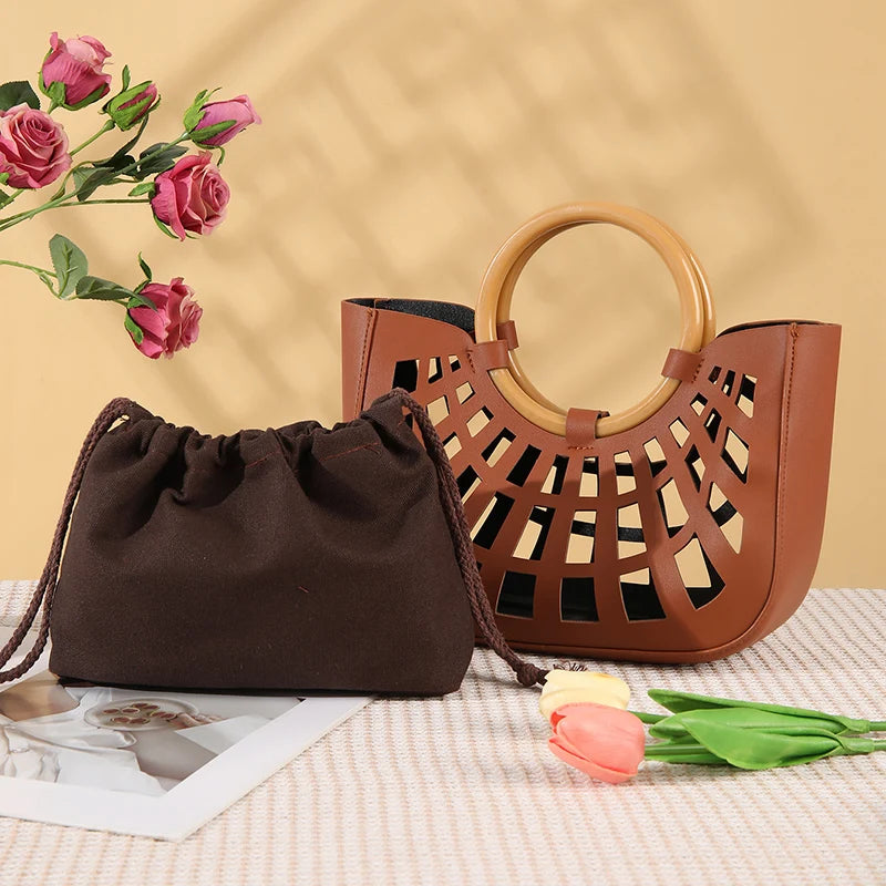 Hollow-Out PU Leather Tote Bag | Lightweight Square Handbag & Stylish Shopping Bag Luxegan