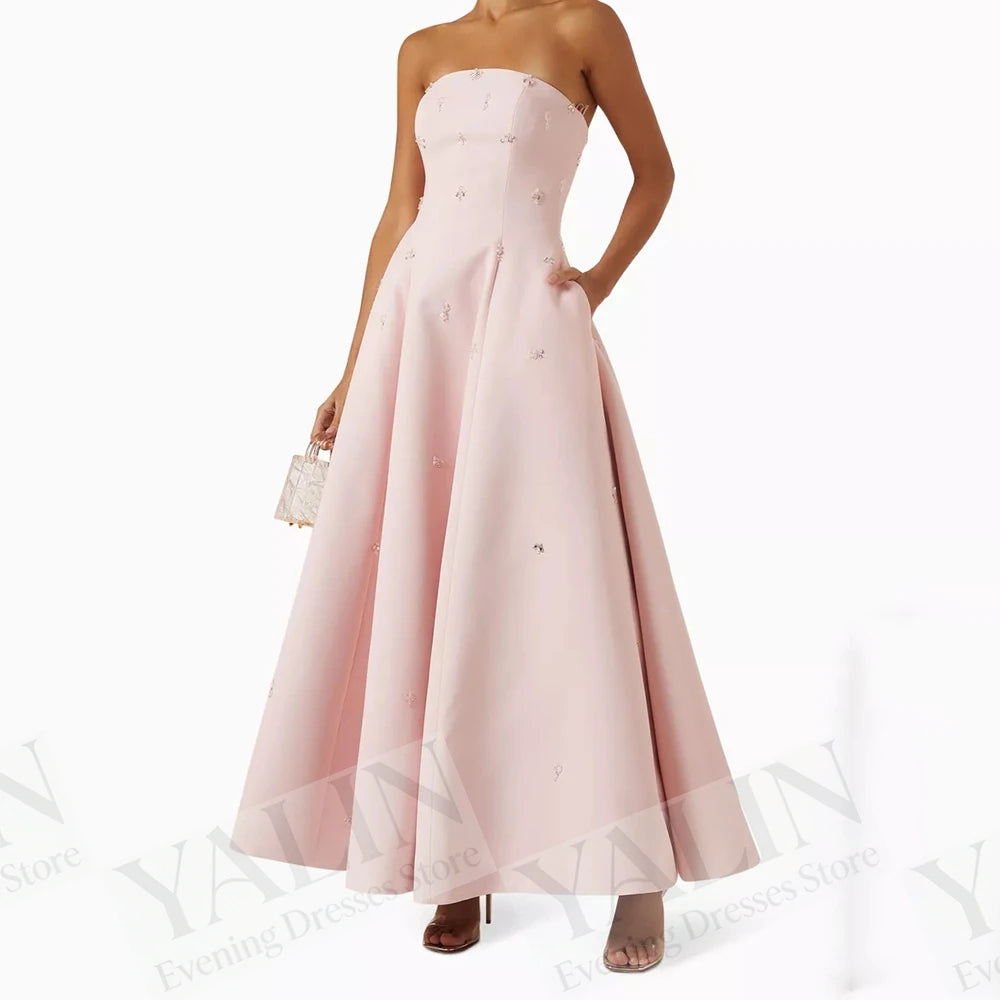 Sequined Draped A-Line Prom Dress | Strapless Sleeveless Ankle-Length Evening Gown Luxegan