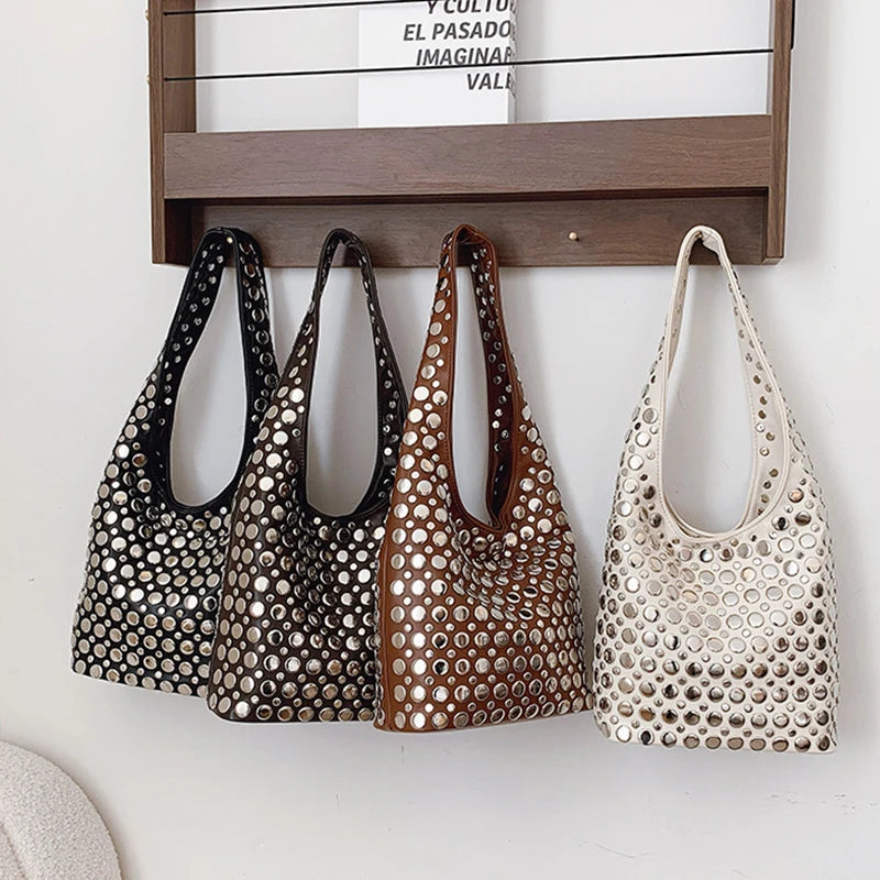 Women's Fashion Punk Metal Rivet Bucket Bag | High-End PU Suede Underarm Shoulder Tote | New Retro Trendy Motorcycle Handbag | Premium Solid Color Shoulder Bag with Hasp Closure Luxegan
