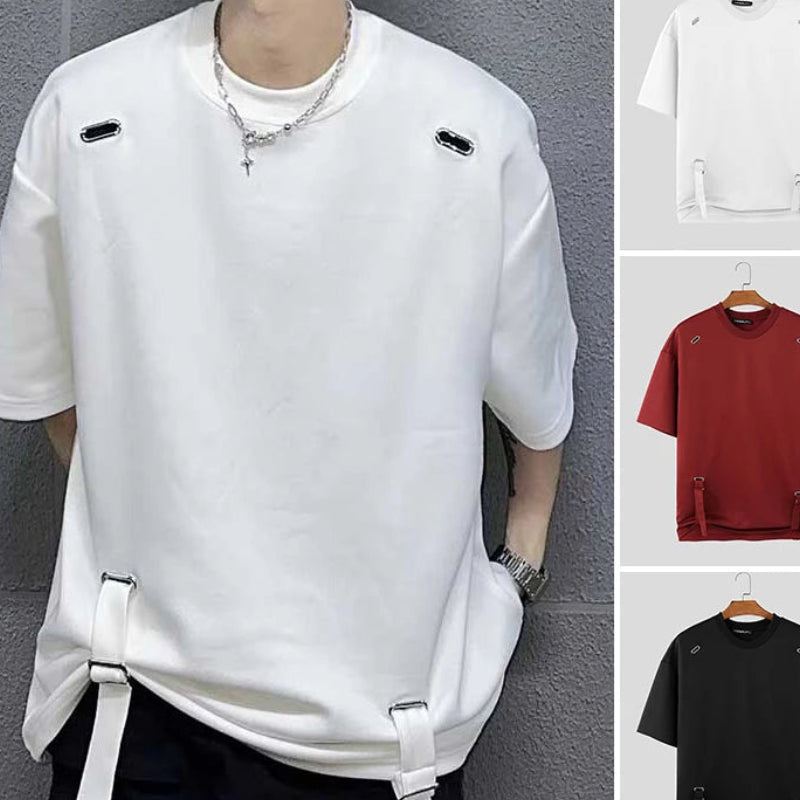 Loose Metal Design Strap T-Shirt | Sophisticated O-Neck Half-Sleeve Silhouette | Elegant "City Walk" Casual Camiseta | "Dignified" Solid Broadcloth Top for Radiant Versatile Styling Luxegan