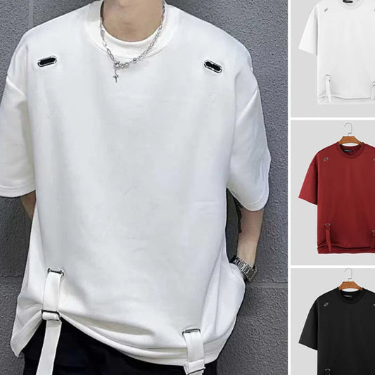 Loose Metal Design Strap T-Shirt | Sophisticated O-Neck Half-Sleeve Silhouette | Elegant "City Walk" Casual Camiseta | "Dignified" Solid Broadcloth Top for Radiant Versatile Styling Luxegan
