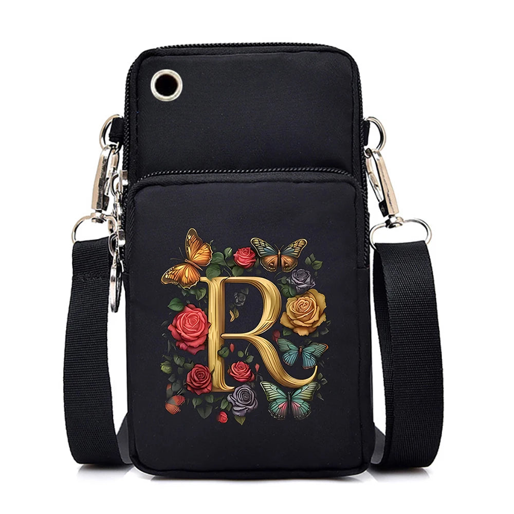Women’s Small Crossbody Mobile Phone Bag | Sophisticated Vintage Flower & Alphabet Purse | Elegant Mini Messenger with Soft Leather Strap | Fashion-Forward Cartoon Applique Shoulder Bag (Model 858) Luxegan