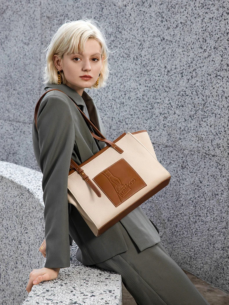 Women’s Vintage Canvas Laptop Bag | Premium Cow Leather Briefcase & Shoulder Bag | Large Capacity "Cartoon Printing" Work Tote | Sophisticated Valentine's Day Gift for Professionals (Model MD22CT9172) Luxegan