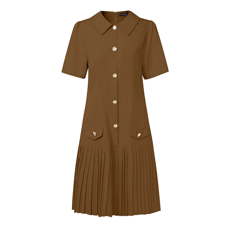 Pleated Lapel Mini Dress | Short Sleeve Button-Trim Work & Casual Sundress Luxegan