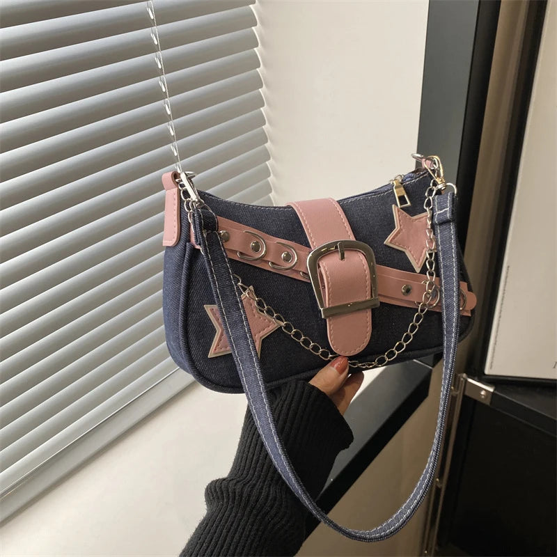 Fashion Women's Handbags Denim Stars Pattern | Cool Girls Underarm Bag Female Small Shoulder Hobo Bags Chain Tote Bag Luxegan