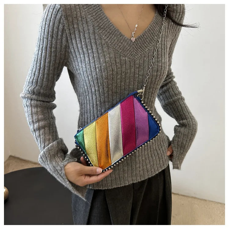 Fashion Trend Contrast Rainbow Splice Shoulder Bag | Designer Rivet Crossbody Handbag | Colorful Twill Chain Flap Bag Luxegan