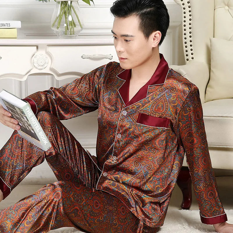 Men's Premium Ice Silk Pajama Set | Luxury Paisley Long-Sleeved Sleepwear Suit | Thin Turn-Down Collar Nightwear | Plus Size High-Quality Home Clothes Male Suit Model SY5004 Luxegan