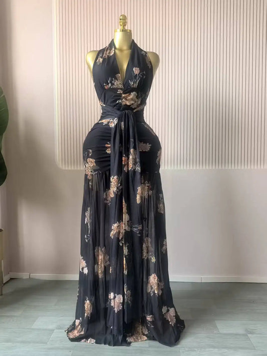 Floral Halter Backless Maxi Dress | V-Neck Ruched Ruffles Fit & Flare Party Dress Luxegan