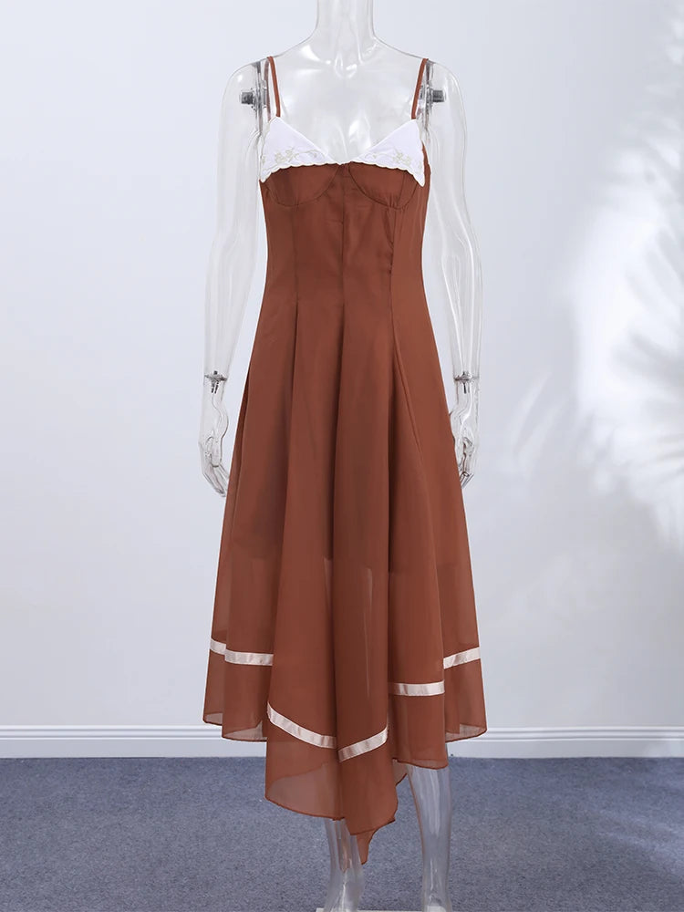 Patchwork V-Neck Spaghetti Strap Sleeveless Backless Slim Fit-and-Flare Mid-Calf Dress – Natural Waist, Zip, All Season Luxegan