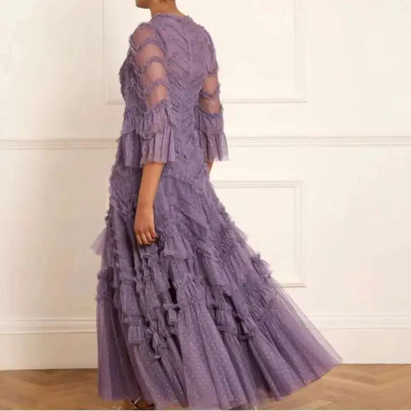 Patchwork Round Neck Short Sleeve Ruffle Trim Regular Fit A-Line Floor-Length Dress – Empire Waist, Spring/Summer Luxegan
