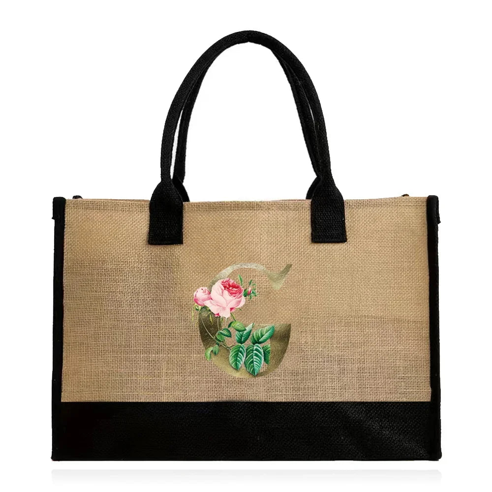 Handmade Jute & Canvas Beach Shopper | Large Capacity Portable Grocery Organizer | Eco-Friendly Woven Women’s Handbag with Golden Flower Pattern Luxegan