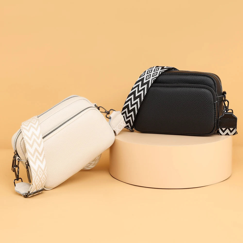 Genuine Leather Wide Strap Shoulder Bag | Solid Color Crossbody & Phone Bag Luxegan