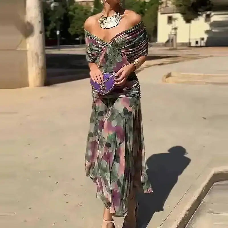 Women's Elegant Floral Print Pleat Party Dress | Bat Sleeve Swing Cocktail A-Line Dress | Korean Style Stand Neck Above-Knee Mini Gown | All-Season Loose Fit Straight Silhouette Model HPSW Luxegan