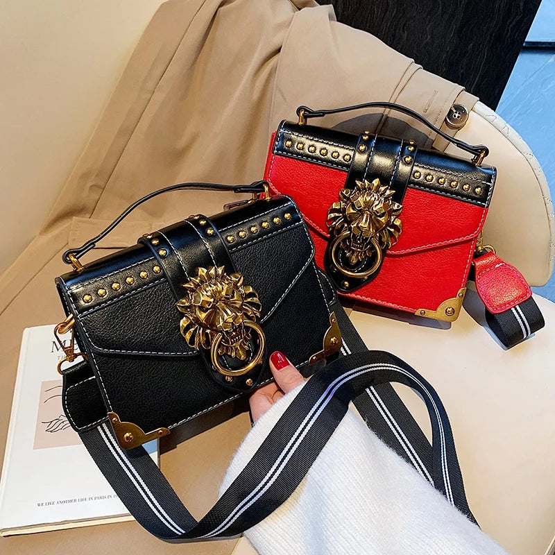Retro Women's Fashion Handbag | Luxury Metal Lion Head Brand Shoulder Bag | Vintage Mini Square Storage Purse | Trendy Designer Messenger Bag (Model LMY1310) Luxegan