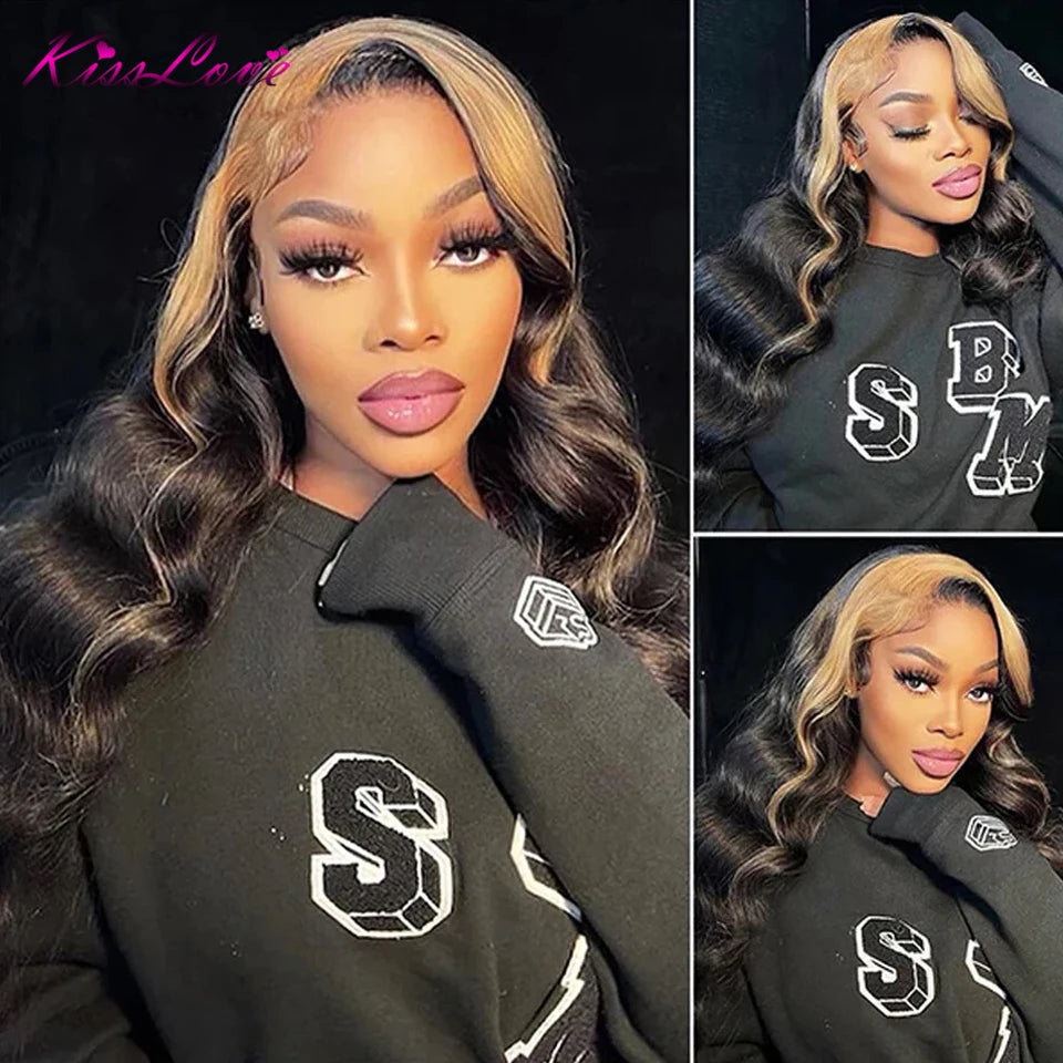 Ombre Highlight 1B/27 Body Wave Wig | Sophisticated 13x4 HD Transparent Lace Frontal | Elegant Honey Blonde Brazilian Human Hair | "Dignified" 26–42 Inch Pre-Plucked Remy Hair for Radiant Versatile Styling Luxegan