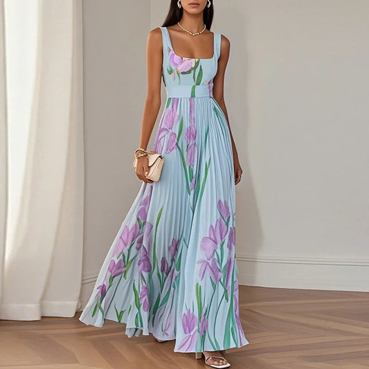 Floral Print Pleated Cami Maxi Dress – Square Collar, Spaghetti Strap, Empire Waist Luxegan