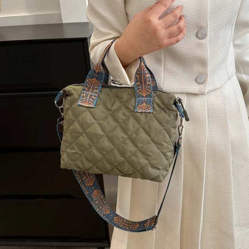 Fall/Winter Rhombus Space Cotton Shoulder Bag | Women's Wide Shoulder Belt Large Capacity Shopping Tote Handbag Luxegan