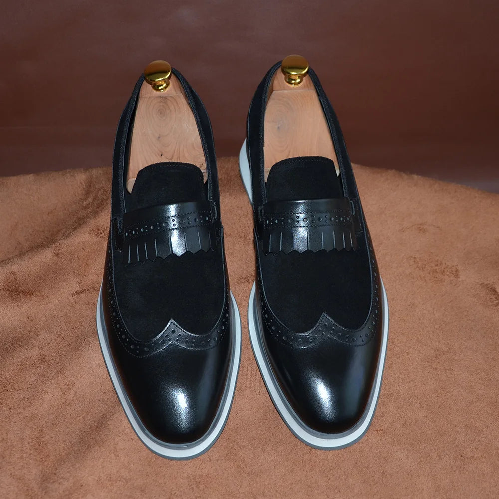 Many Colors Classy Men's Genuine Leather Tassel Loafers | Cow Suede Wingtip Brogue Casual Business Flats Luxegan
