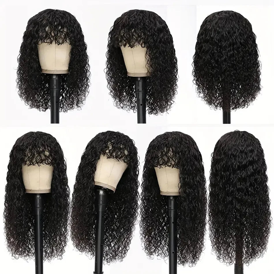 30-Inch Water Wave Human Hair Wig with Bangs | 180% Density Glueless Kinky Curly Fringe Wig | Fully Machine-Made Brazilian Remy Human Hair Bob & Long Wig for Women Luxegan