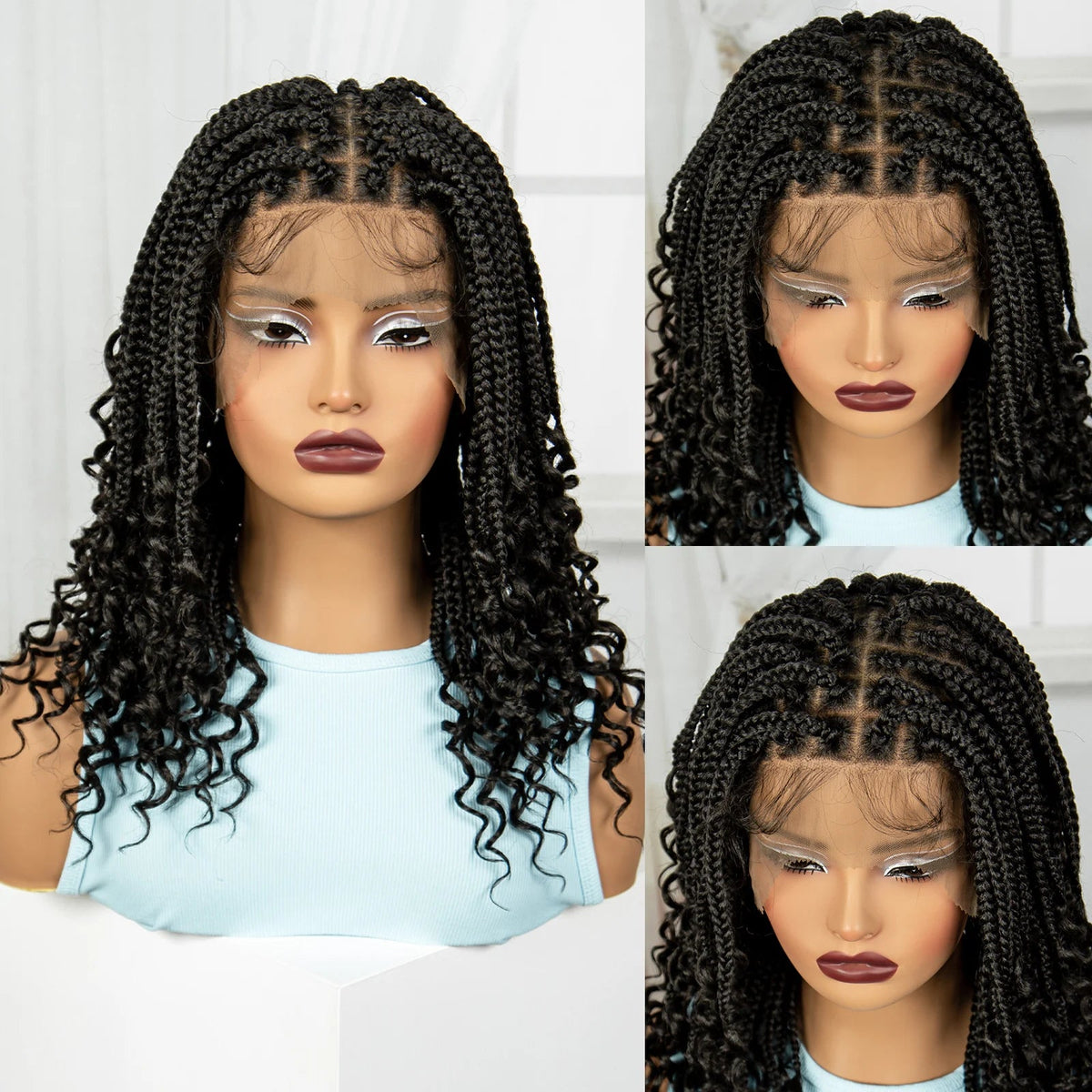 Full Lace Braided Lace Wigs Synthetic Knotless Box Braided Lace Wig with Curly Ends for Black Women Kinky Curly Braided Bob Wig Luxegan