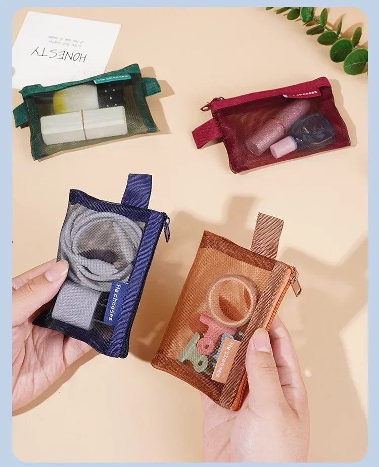 Pequeño Bolso Cuadrado de Color Sólido para Monedas, Organizador de Nylon de Malla para Pintalabios, Llaves, Auriculares, Tarjetero de Bus, Banco, Identificación, Tarjetas de Crédito, Estuche de Almacenamiento