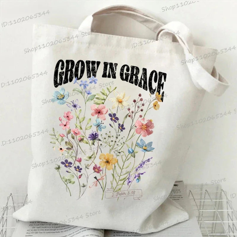 Vintage Wildflower Canvas Tote Bag | "Fruits of The Spirit" Religion Faith Shoulder Bag | Bohemia Casual Handbag for Teenagers (Unisex) Luxegan