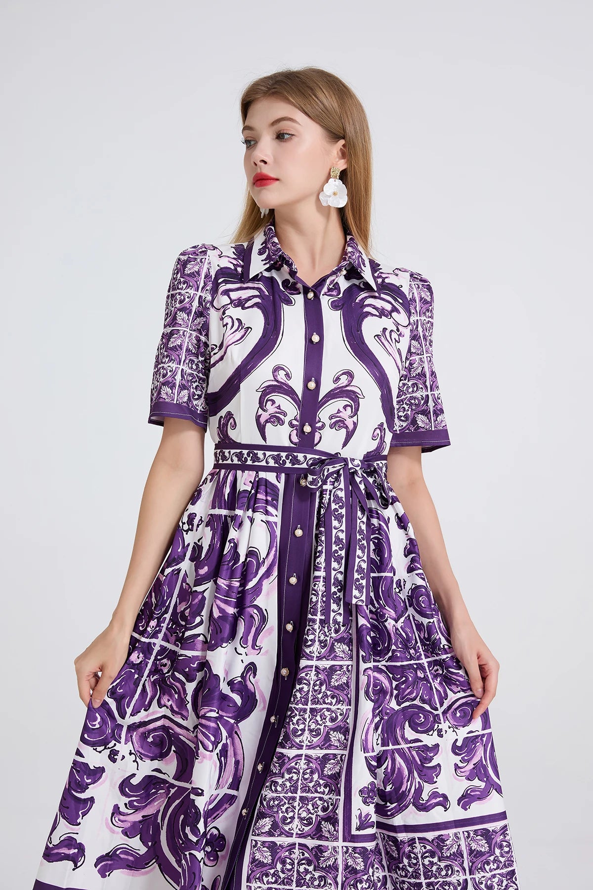 Floral Print A-Line Shirt Dress – Turn-Down Collar, Belted, Short Sleeve Luxegan