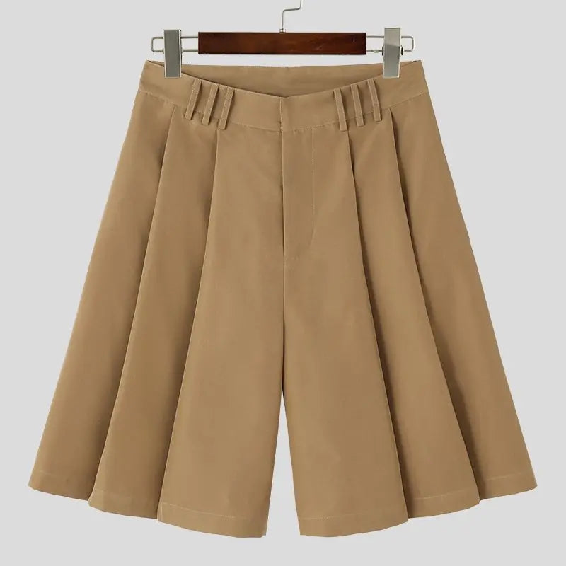 Solid Color Pleated Summer Shorts | Sophisticated Mid-Waist Loose Silhouette | Elegant "Knee-Length" Korean Style Streetwear | "Dignified" Zipper Fly Bottoms for Radiant Versatile Styling Luxegan