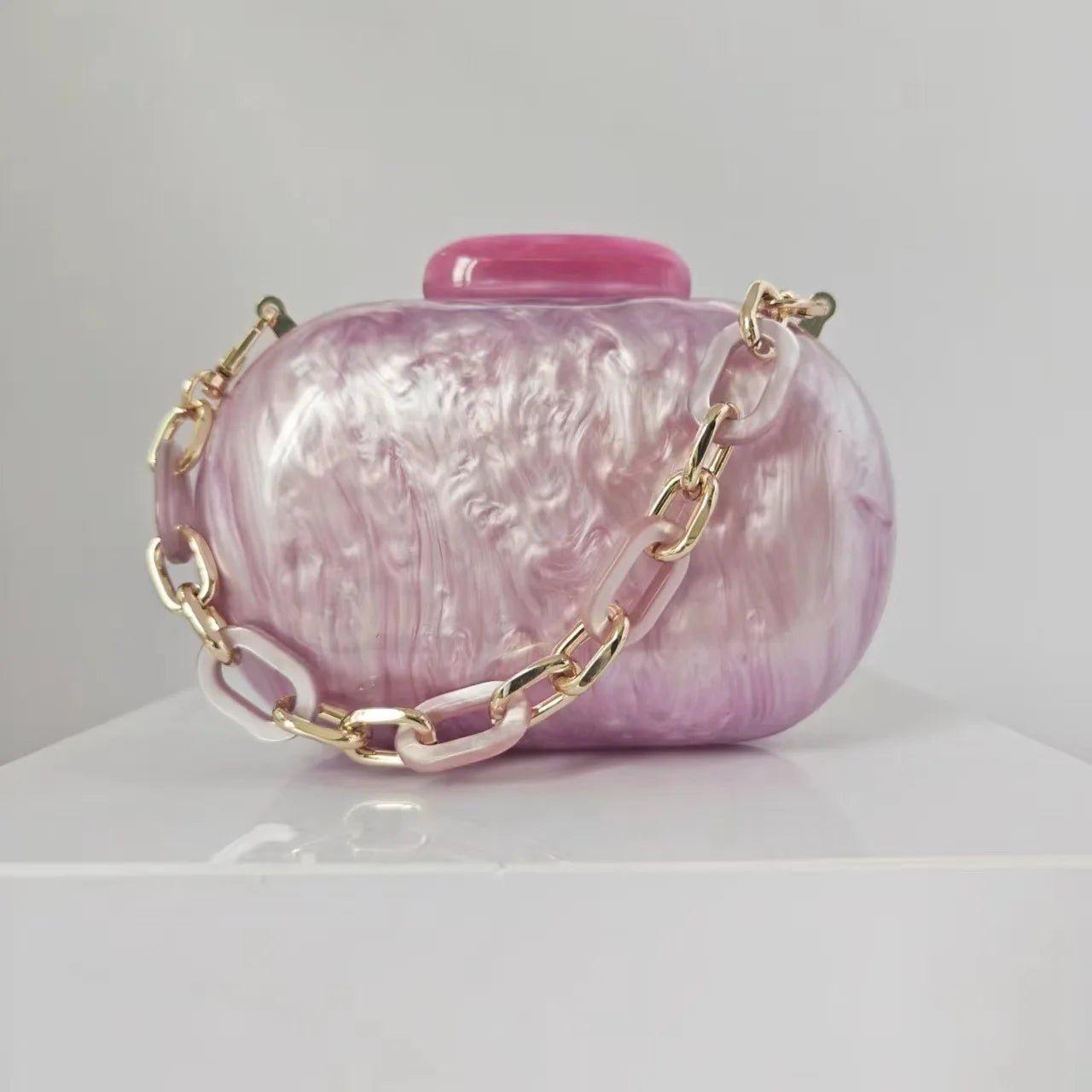 Acrylic Oval Evening Clutch | Sophisticated Hard-Shell Party Handbag | Elegant Prom Barrel-Shaped Purse | "Dignified" Modern Acrylic Phone Clutch with Stylish Chain Detail Luxegan