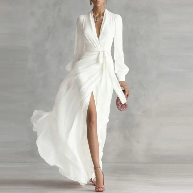 Solid V-Neck Long Puff Sleeve Tie Sash Waist Regular Fit A-Line Maxi Dress – Empire Waist, Spring/Summer Luxegan