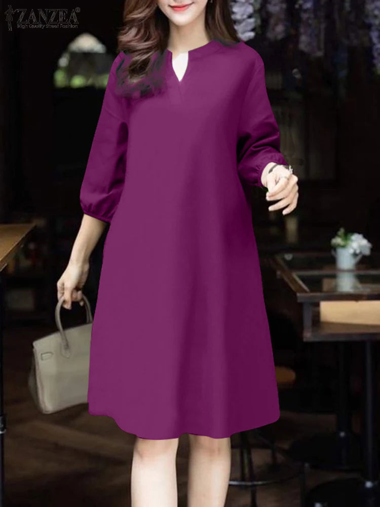 V-Neck Puff Sleeve A-Line Midi Dress | Elegant Solid Work & Casual Autumn Dress Luxegan