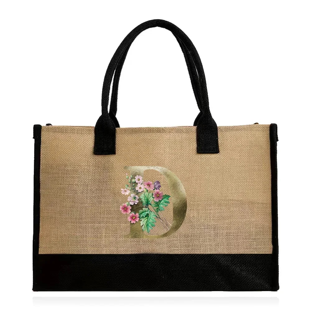 Handmade Jute & Canvas Beach Shopper | Large Capacity Portable Grocery Organizer | Eco-Friendly Woven Women’s Handbag with Golden Flower Pattern Luxegan