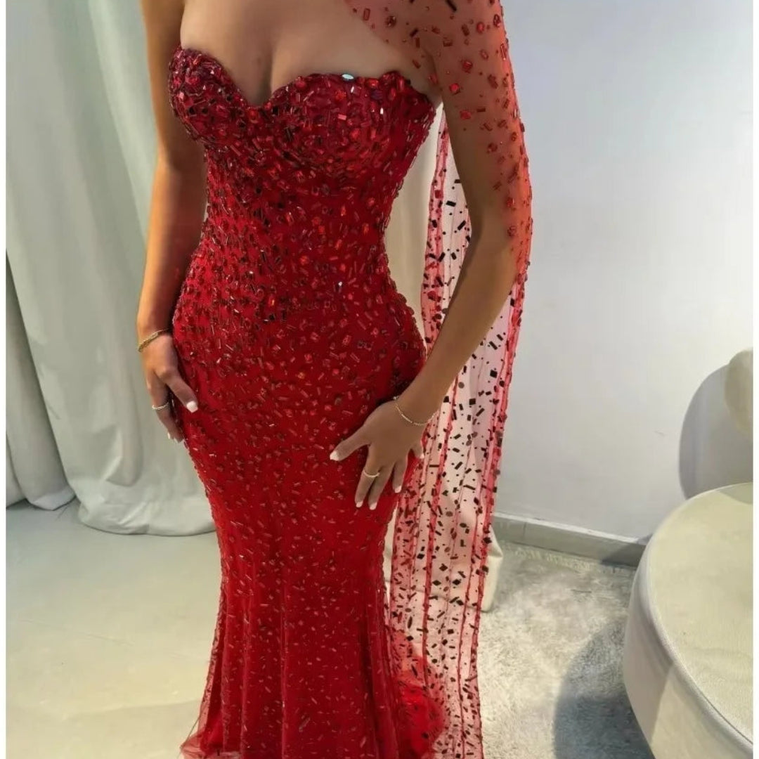 Luxurious Off-Shoulder Prom Dress | Elegant Sweetheart Lace Evening Gown | Classic Floor-Length Ball Dress with Fish-Tail Shawl | Premium Microfiber Sleeveless A-Line Gown with Built-in Bra Luxegan