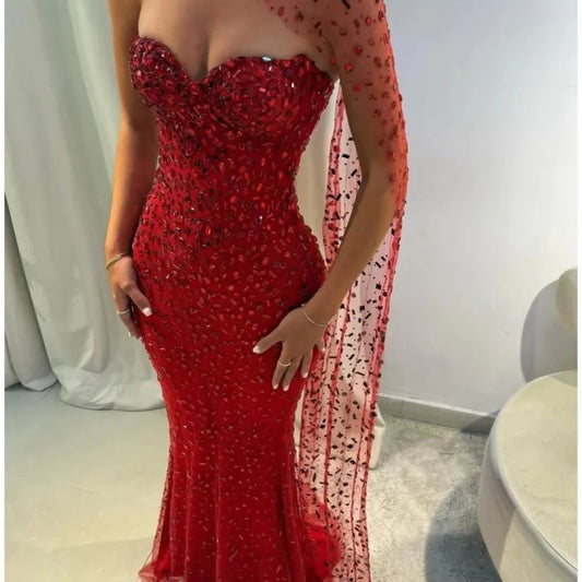 Luxurious Off-Shoulder Prom Dress | Elegant Sweetheart Lace Evening Gown | Classic Floor-Length Ball Dress with Fish-Tail Shawl | Premium Microfiber Sleeveless A-Line Gown with Built-in Bra Luxegan