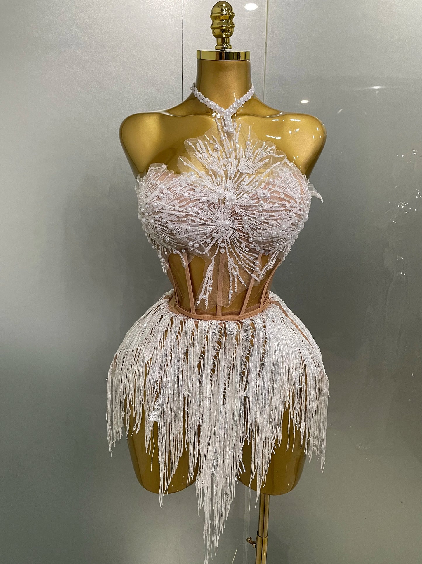Sexy Pearl Sequins Tassel Glitter Mini Dress | Strapless Sleeveless Sheath Club Party Dress | Premium Slight-Stretch Slim Fit Stage Performance Outfit | Luxury Applique Nightclub Singer Vestido Luxegan
