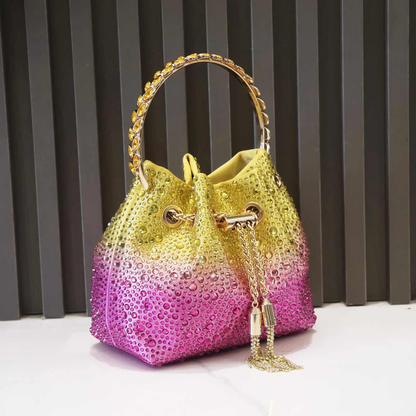 Luxury Designer Rhinestone Evening Clutch | Shiny Crystal Bucket Handbag & Fashion Shoulder Bag Luxegan