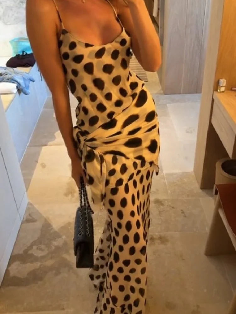 Animal Print Maxi Dress | Deep V-Neck Spaghetti Strap Waist Tie Slit Evening Dress Luxegan