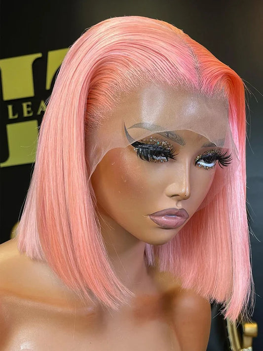 Vibrant Rose Pink Straight Short Bob Wig | 13x4 HD Transparent Swiss Lace Frontal Wig | 100% Brazilian Remy Human Hair Pre-Plucked Glueless Colored Bob for Women Luxegan