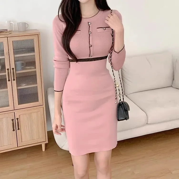 Button-Detail Knit Round Neck Full Sleeve Slim Sheath Mini Dress – Empire Waist, Autumn/Winter Luxegan