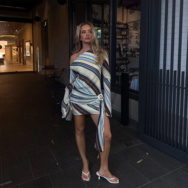 Striped Slash Neck Petal Sleeve Lace-Up Back Slim Fit Sheath Mini Dress – High Waist, High Stretch, Summer Luxegan