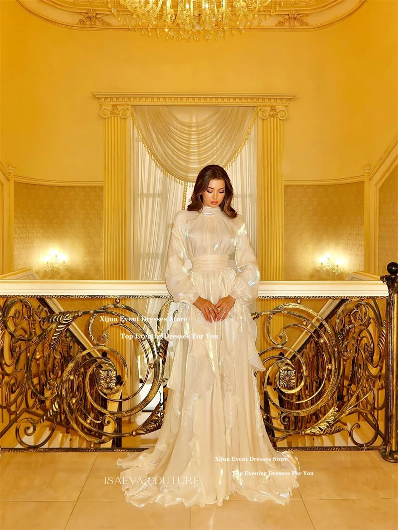 Xijun Luxury Glitter Silk Satin Evening Dresses Long Sleeves A-Line Formal Prom Dresses Tiered High Collar Prom Gowns Customized
