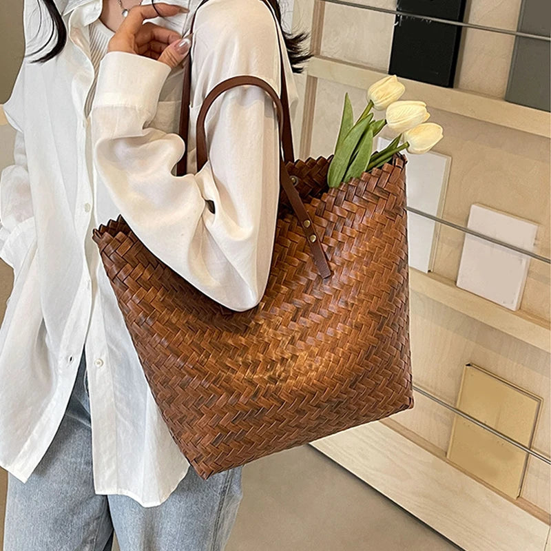 Summer Large Capacity Handbag Totes | Rattan Handmade Straw Shoulder Bags for Women (Travel Seaside Beach Bag - Bolsa Feminina) Luxegan