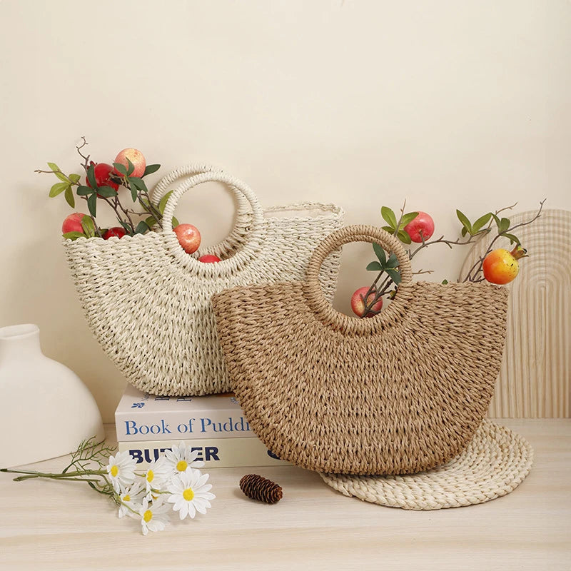 Handmade Moon Straw Beach Bag | Hard Woven Bohemian Tote Luxegan